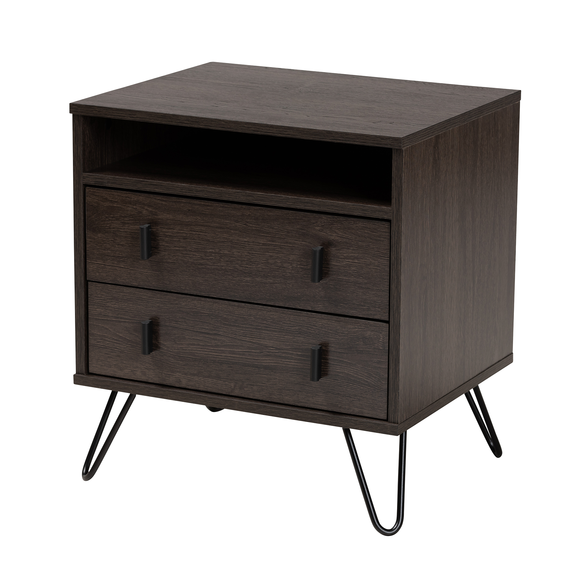 Baxton Studio Glover Modern and Contemporary Dark Brown Finished Wood and Black Metal 2-Drawer Nightstand Affordable modern furniture in Chicago, classic bedroom furniture, modern nightstand, cheap nightstand